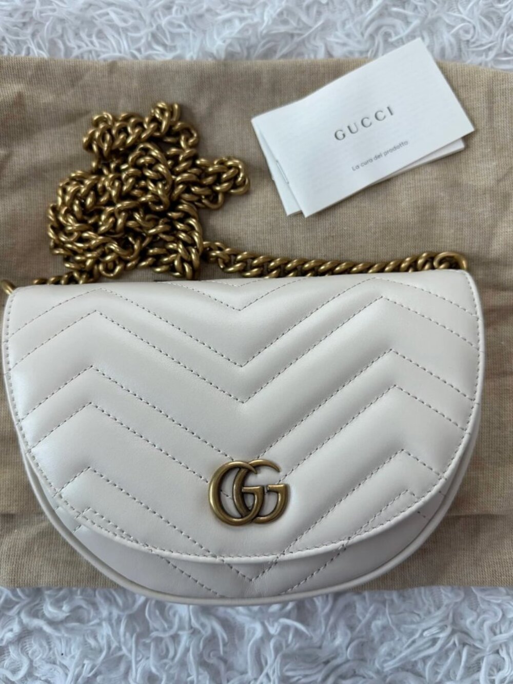 GUCCI Calfskin Matelasse Mini GG Marmont Chain Half Moon Crossbody Bag in Creme